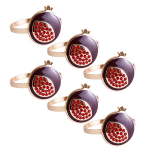 סט 6 חבקי מפית זהב רימון בורדו עם אבנים אדומות