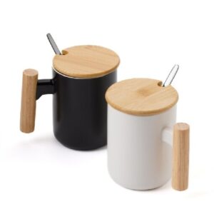 כוס פורצלן עם גימור במבוק,מכסה וכפית נירוסטה 380 מ"ל