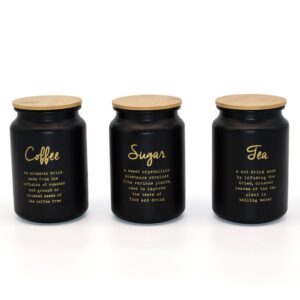 סט אחסון תה קפה סוכר COZY HOME מפח שחור עם מכסה במבוק